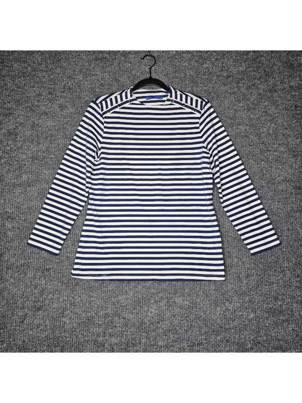 J McLaughlin Boat Neck Top L Blue White Stripe Catalina Cloth Nautical blouse